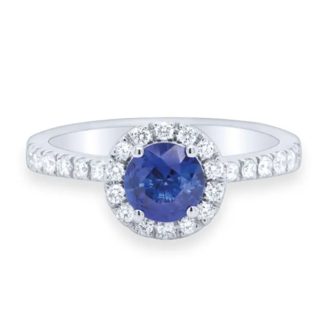 Anillo de oro blanco con diamantes 0.35 quilates y zafiro 0.75 quilates