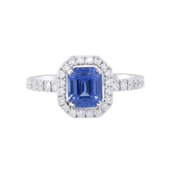 Anillo de oro blanco con diamantes 0,54 quilates y zafiro 1.30 quilates