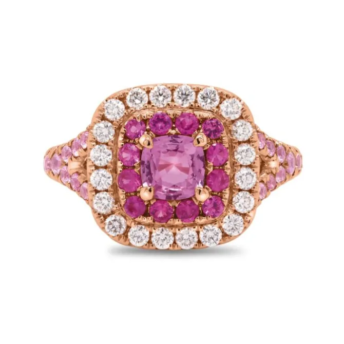 Anillo de oro rosa con diamantes 0.43 quilates y zafiros rosas 1.46 quilates