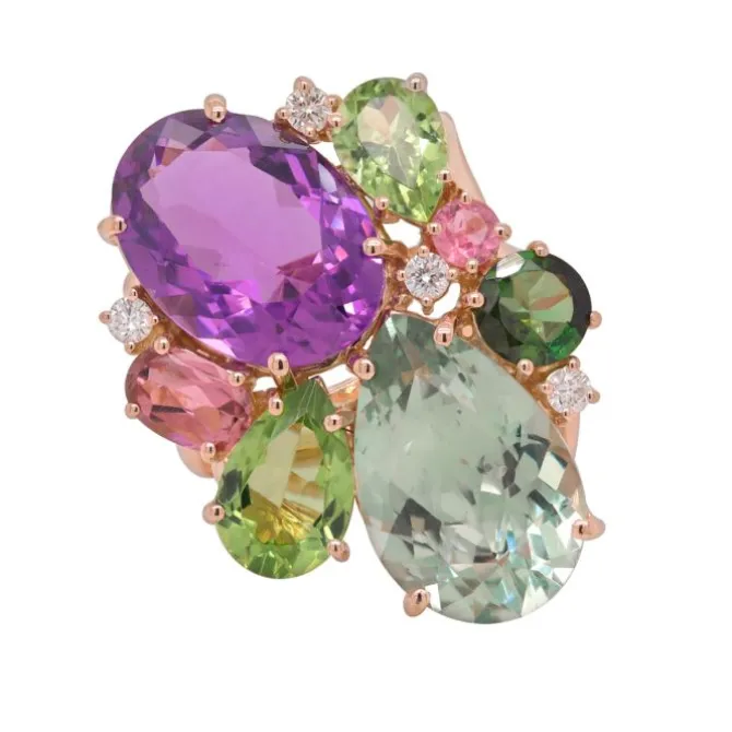 Anillo de oro rosa, diamantes 0.14 quilates y piedras de colores