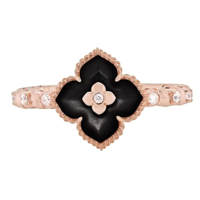 Anillo flor de oro rosa con ónix 0.24 quilates y diamante 0.09 quilates