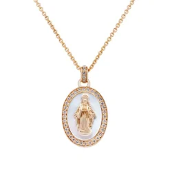 Colgante de la Virgen María en nácar, oro rosa y diamantes de 0,22 quilates