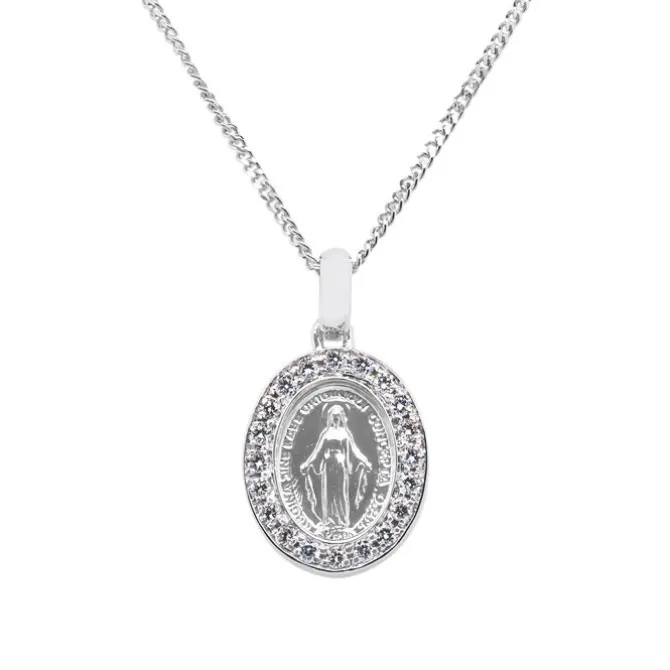 Colgante ovalado de oro blanco con Virgen y diamantes 0,10 quilates