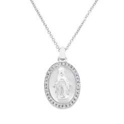 Colgante ovalado de oro blanco con Virgen, madreperla y diamantes de 0,20 quilates