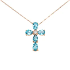 Collar de cruz de oro rosa, diamantes 0,065 ct y topacios azules 2.40 ct