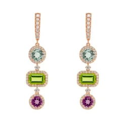 Pendientes de oro rosa, diamantes 1.06 quilates y piedras de color