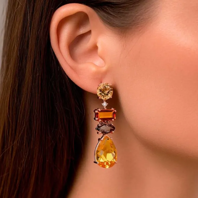 Pendientes de oro rosa, diamantes 0.07 quilates y piedras de color