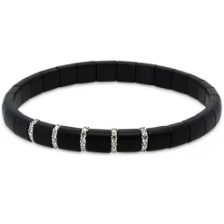 Pulsera elástica de cerámica negra, oro blanco y diamantes talla brillante con 0.36 quilates