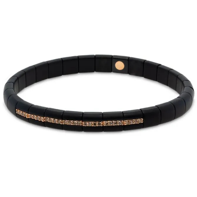 Pulsera elástica de cerámica negra, oro rosa y diamantes brown talla brillante con 0.26 quilates
